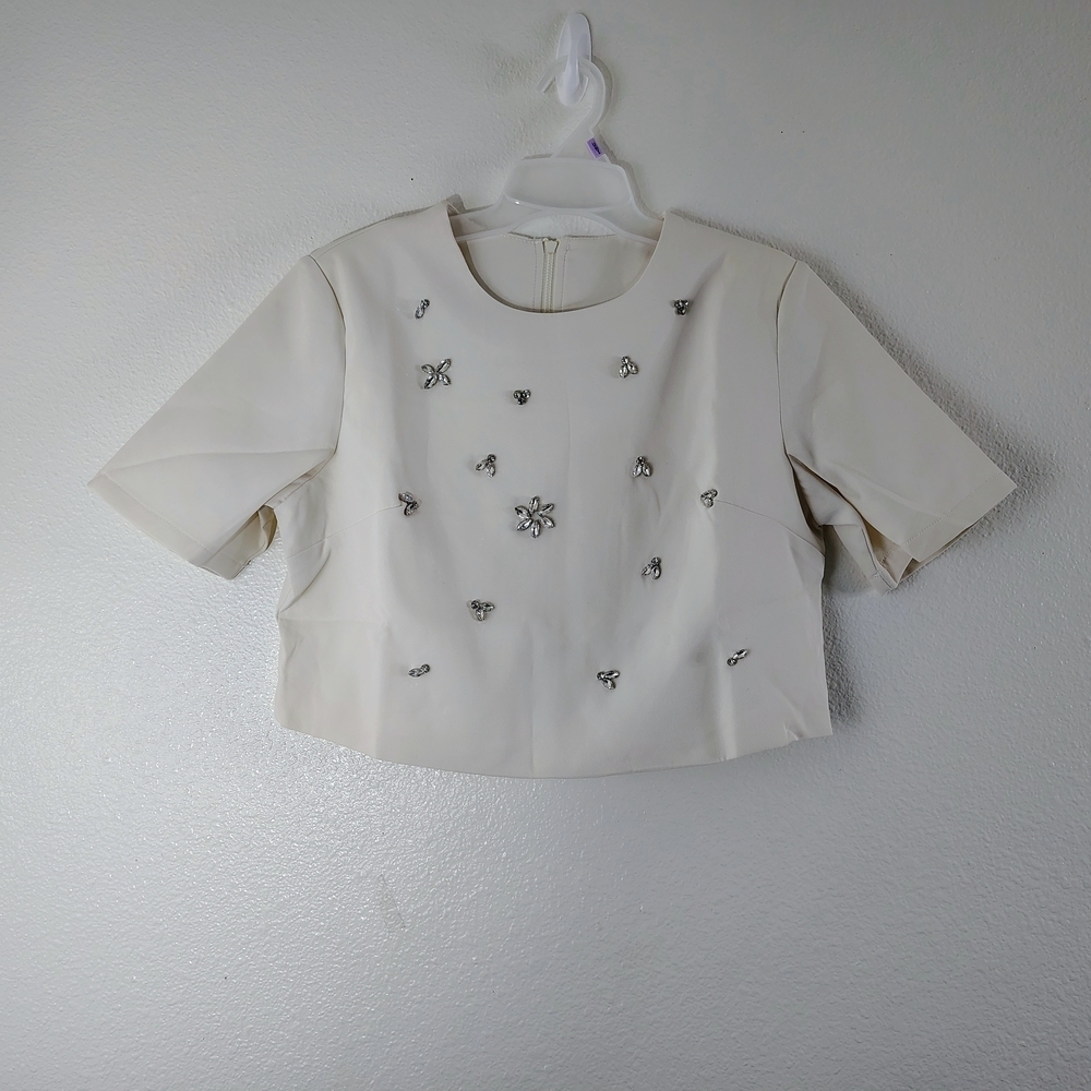 Erqi White Embellished 2 Piece Top & Skirt Set Crystal Floral Size L NWOT